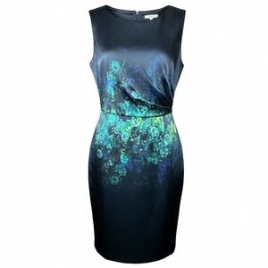 Elie Tahari Silk Blend Floral Draped Sheath Dress Navy Green Blue Size 6 Office
